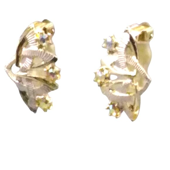 Elegant Art Deco Burst Earrings with AB Crystals, Vintage Gold Tone Clip Ons - Picture 3 of 4